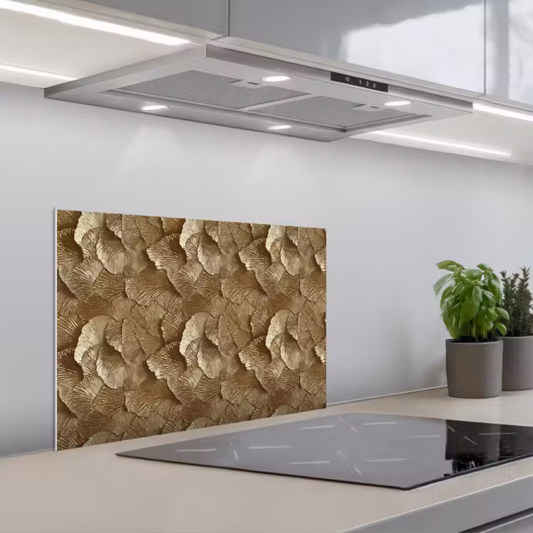Organisch - Patroon - Bladeren - Goud keuken achterwand spatscherm klein 900 -3d_schuin