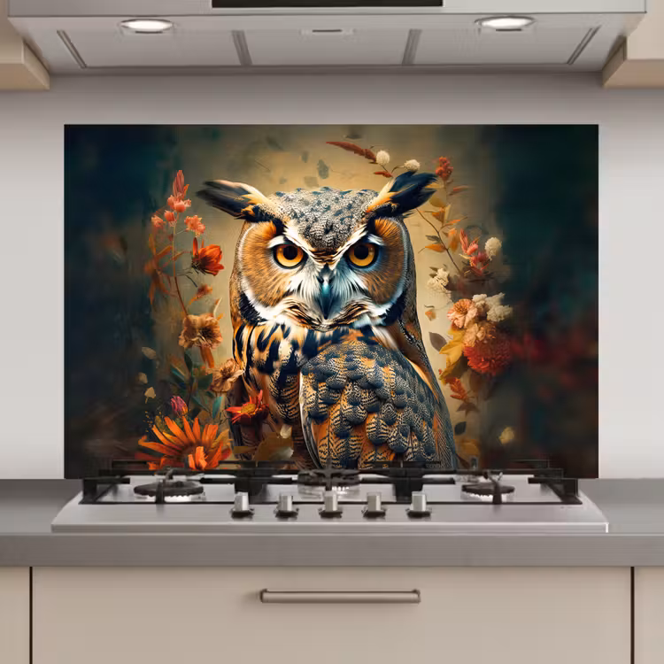 Uil - Vogel - Bloemen - Planten - Botanisch keuken achterwand spatscherm klein -3d_website