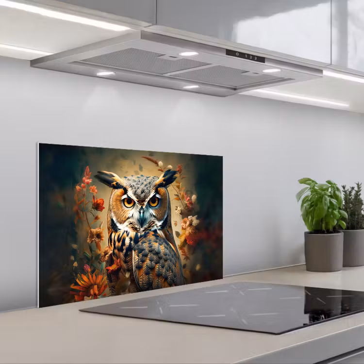 Uil - Vogel - Bloemen - Planten - Botanisch keuken achterwand spatscherm klein -3d_schuin