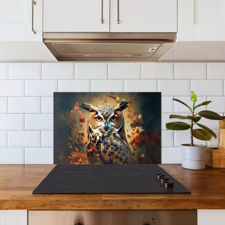 Uil - Vogel - Bloemen - Planten - Botanisch keuken achterwand spatscherm klein -sfeer2
