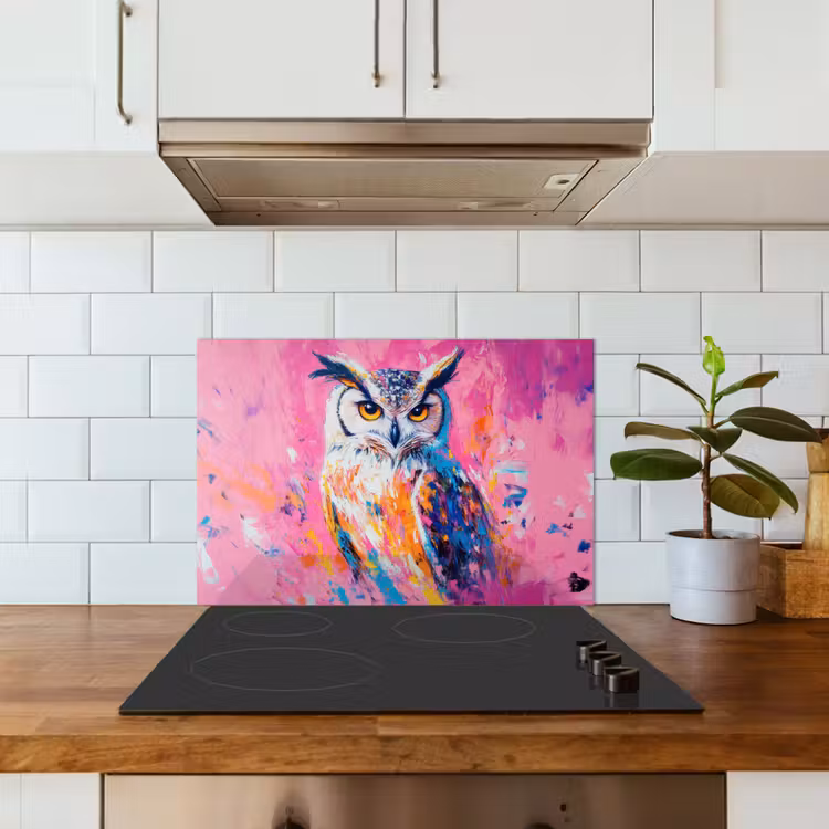 Uil - Roze - Blauw - Verf - Abstract keuken achterwand spatscherm klein -sfeer2
