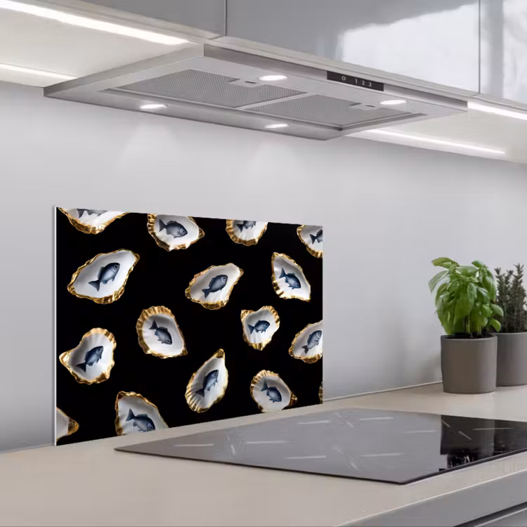 Oesters - Vissen - Blauw - Goud keuken achterwand spatscherm klein -3d_schuin