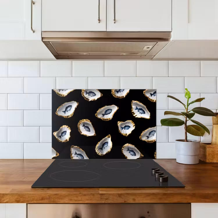 Oesters - Vissen - Blauw - Goud keuken achterwand spatscherm klein -sfeer2