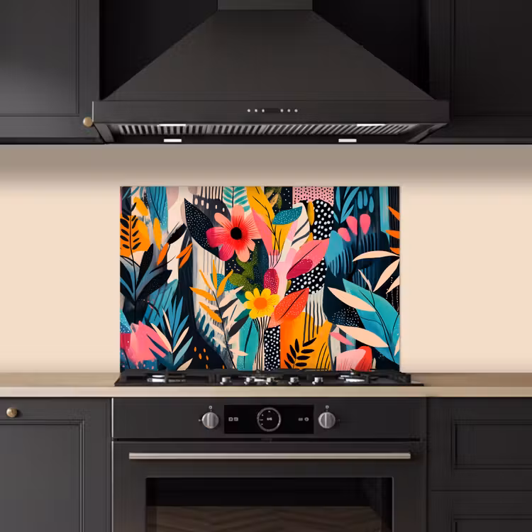 Schilderij - Abstract - Bloemen - Roze keuken achterwand spatscherm klein -sfeer1