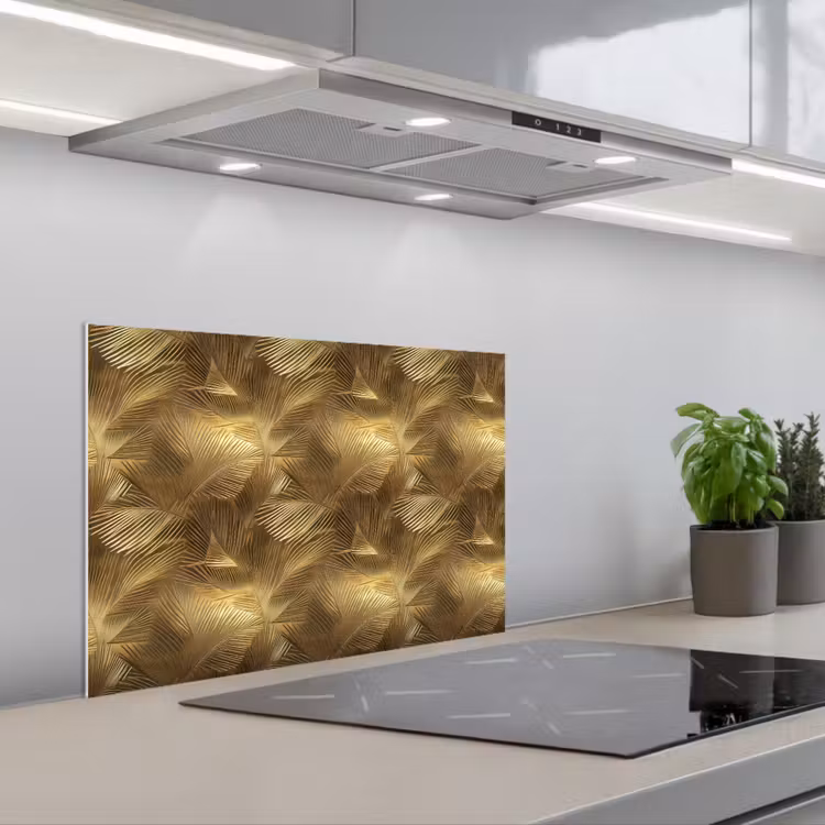Palm - Waaier - Goud keuken achterwand spatscherm klein 900 -3d_schuin