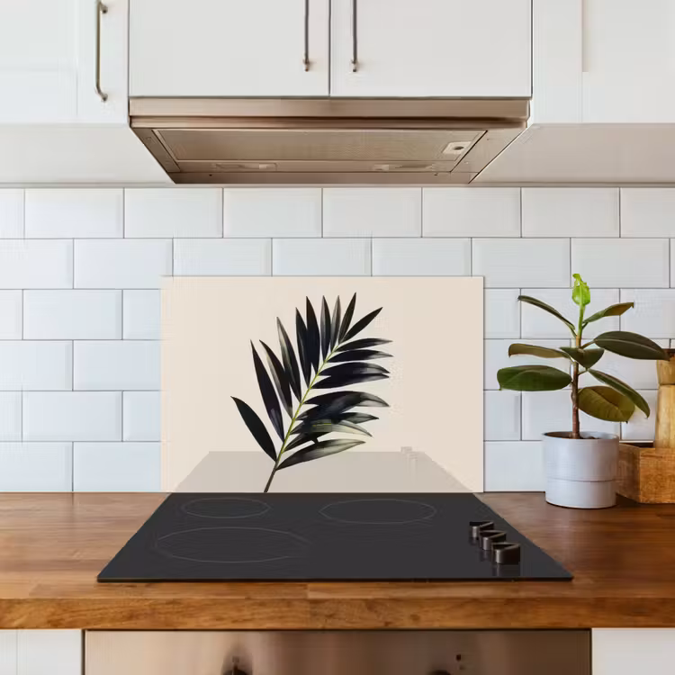 Palmblad - Subtiel - Groen - beige keuken achterwand spatscherm klein -sfeer2