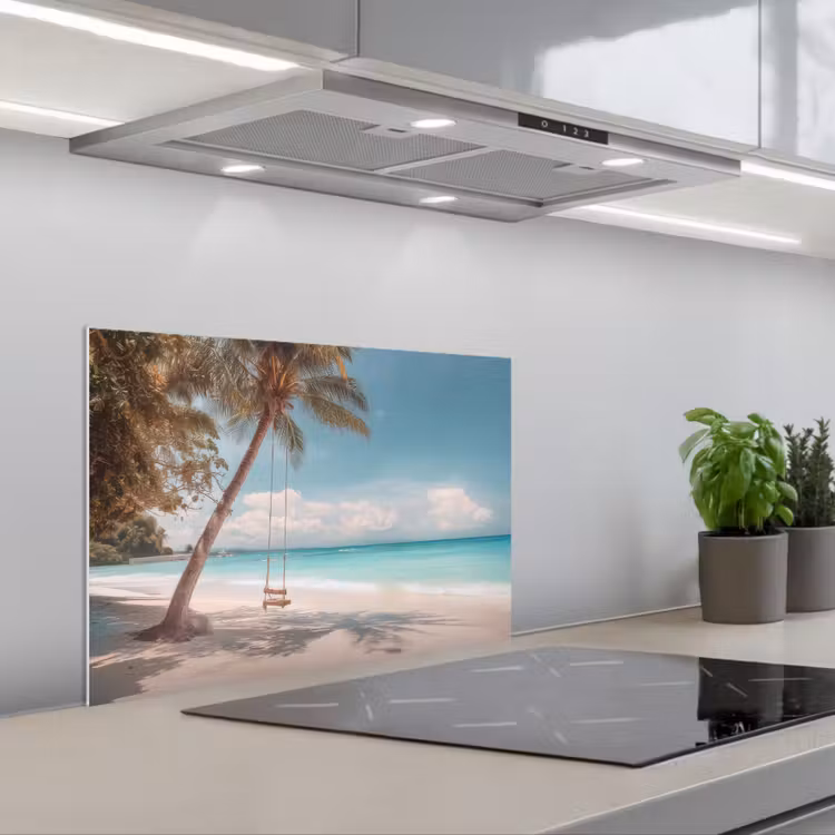 Palmboom - Schommel - Strand - Lucht keuken achterwand spatscherm klein -3d_schuin