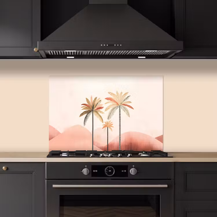 Palmbomen - Heuvels - Minimalistisch - Zachtroze keuken achterwand spatscherm klein -sfeer1