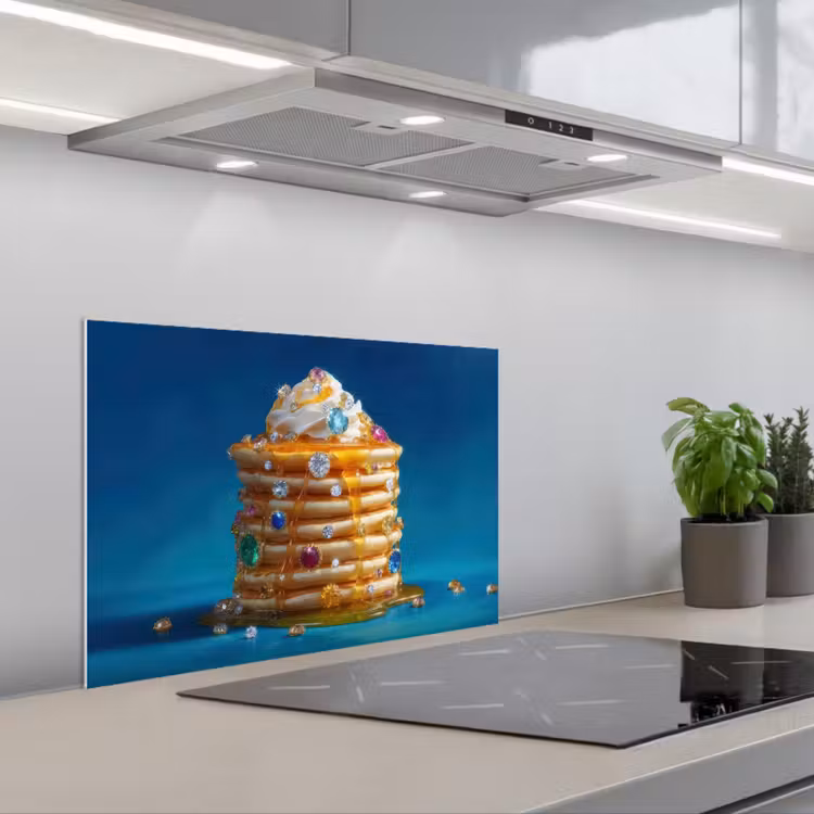 Pannenkoeken - Steentjes - Glitter - Slagroom keuken achterwand spatscherm klein -3d_schuin