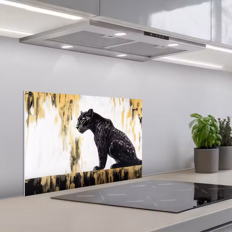Panter - Zwart - Abstract - Goud keuken achterwand spatscherm klein -3d_schuin