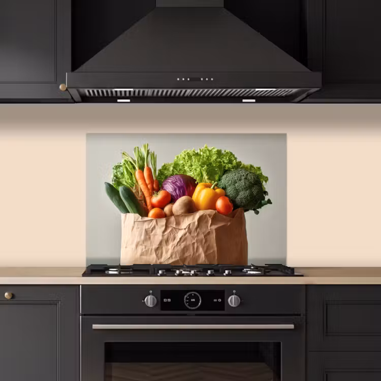 Papieren - Boodschappen - Groente - Kleurrijk keuken achterwand spatscherm klein -sfeer1
