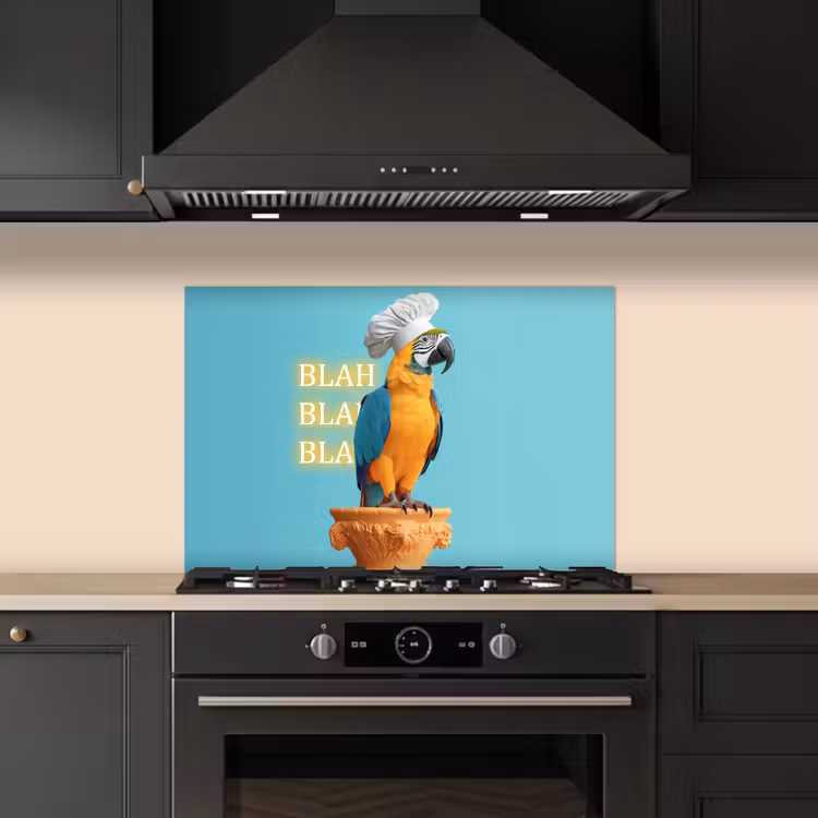 Papegaai - Koksmuts - Quote - Neon keuken achterwand spatscherm klein -sfeer1