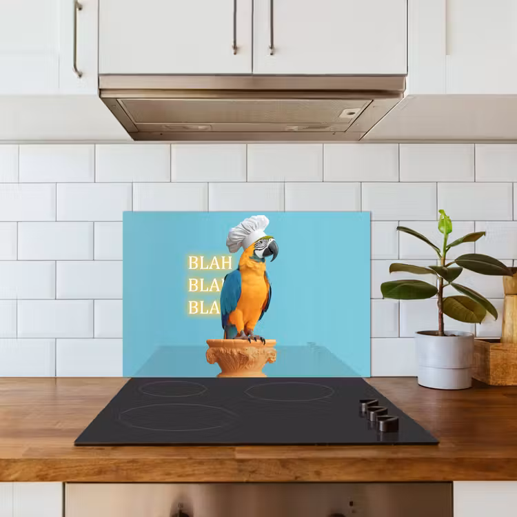 Papegaai - Koksmuts - Quote - Neon keuken achterwand spatscherm klein -sfeer2