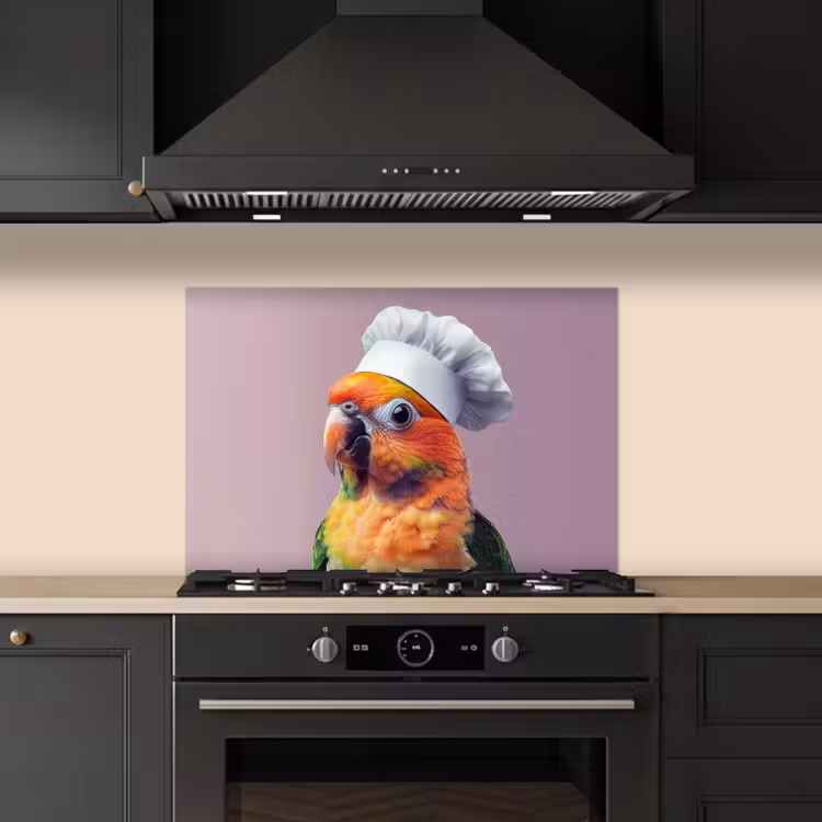 Papegaai - Koksmuts - Nieuwsgierig - Vogel keuken achterwand spatscherm klein -sfeer1