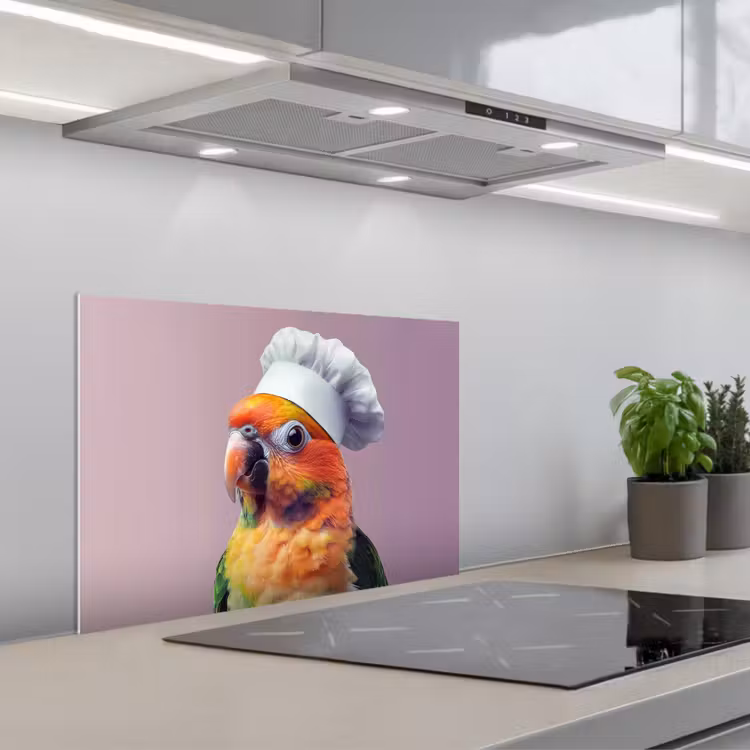Papegaai - Koksmuts - Nieuwsgierig - Vogel keuken achterwand spatscherm klein -3d_schuin