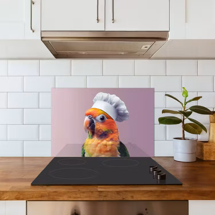 Papegaai - Koksmuts - Nieuwsgierig - Vogel keuken achterwand spatscherm klein -sfeer2