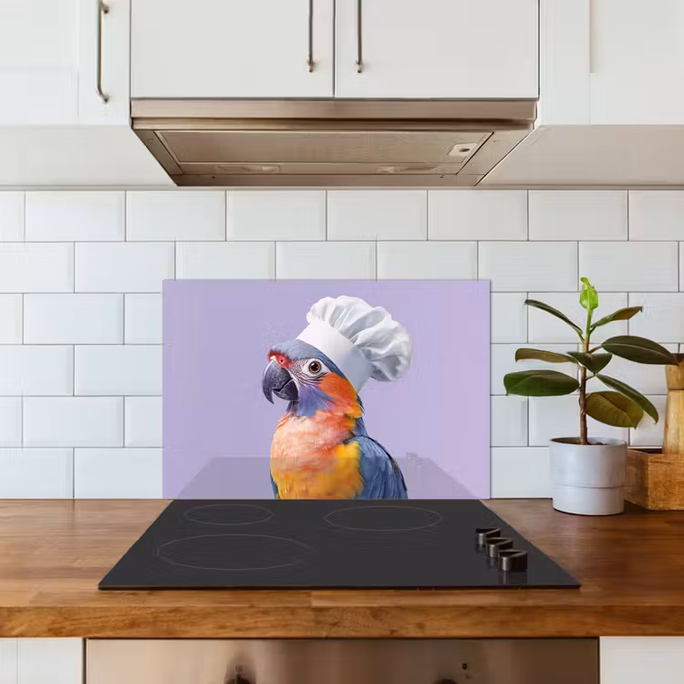 Papegaai - Koksmuts - Paars - Cute keuken achterwand spatscherm klein -sfeer2