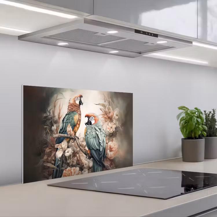 Papegaaien - Vogels - Natuur - Bloemen keuken achterwand spatscherm klein -3d_schuin