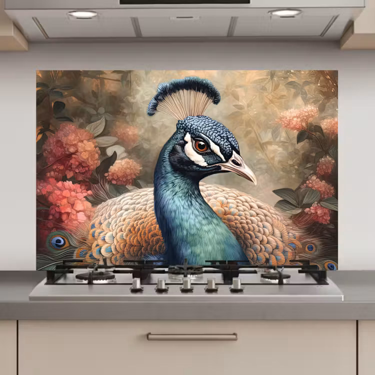Pauw - Vogel - Bloemen - Planten - Pauwenveren keuken achterwand spatscherm klein -3d_website