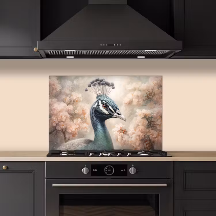 Pauw - Vogels - Bloemen - Boom - Botanisch keuken achterwand spatscherm klein -sfeer1