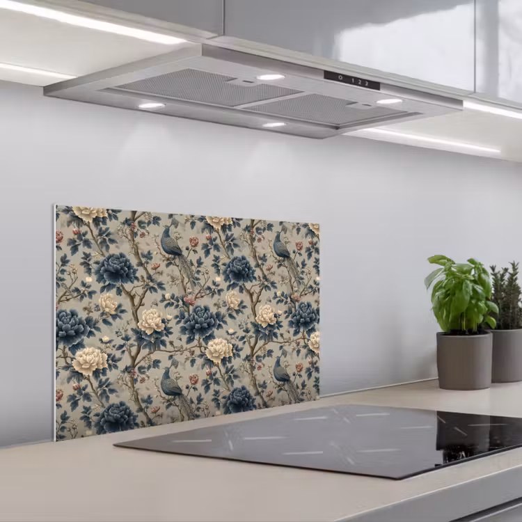 Pauw - Bloemen - Blauw keuken achterwand spatscherm klein 900 -3d_schuin