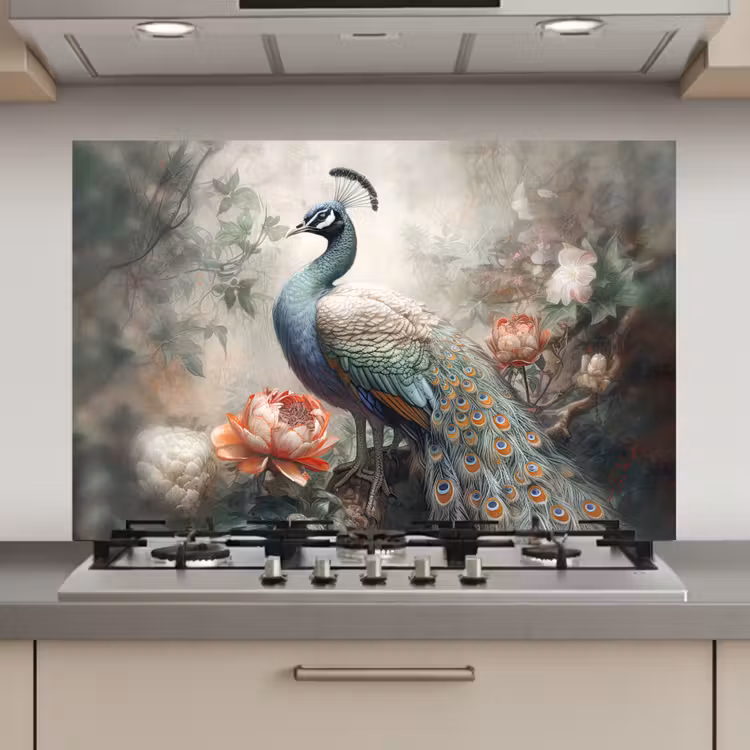 Pauw - Pauwenveren - Vogel - Jungle - Bloemen keuken achterwand spatscherm klein -3d_website