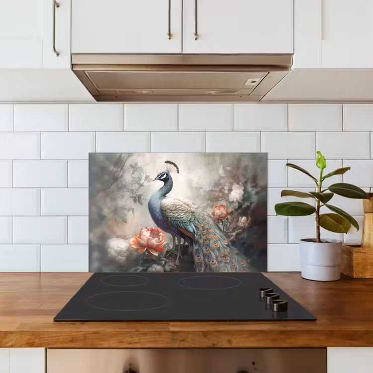 Pauw - Pauwenveren - Vogel - Jungle - Bloemen keuken achterwand spatscherm klein -sfeer2
