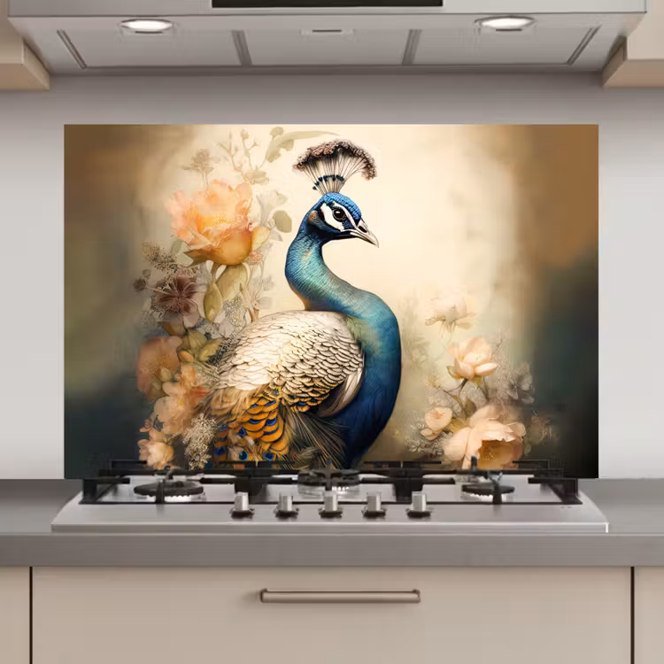 Pauw - Pauwenveren - Bloemen - Vogels - Botanisch keuken achterwand spatscherm klein -3d_website