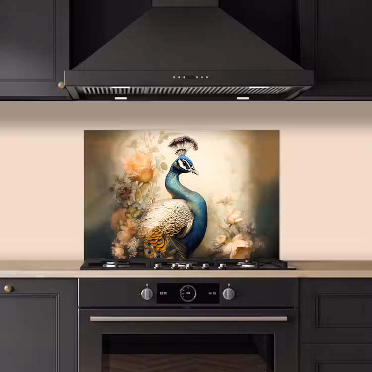 Pauw - Pauwenveren - Bloemen - Vogels - Botanisch keuken achterwand spatscherm klein -sfeer1