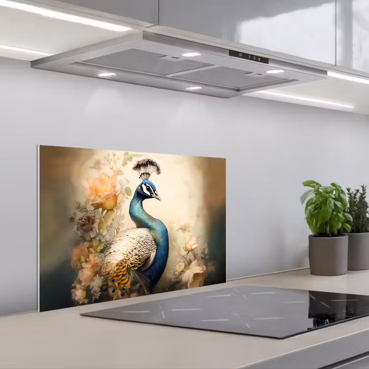 Pauw - Pauwenveren - Bloemen - Vogels - Botanisch keuken achterwand spatscherm klein -3d_schuin