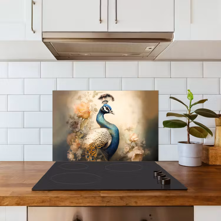 Pauw - Pauwenveren - Bloemen - Vogels - Botanisch keuken achterwand spatscherm klein -sfeer2