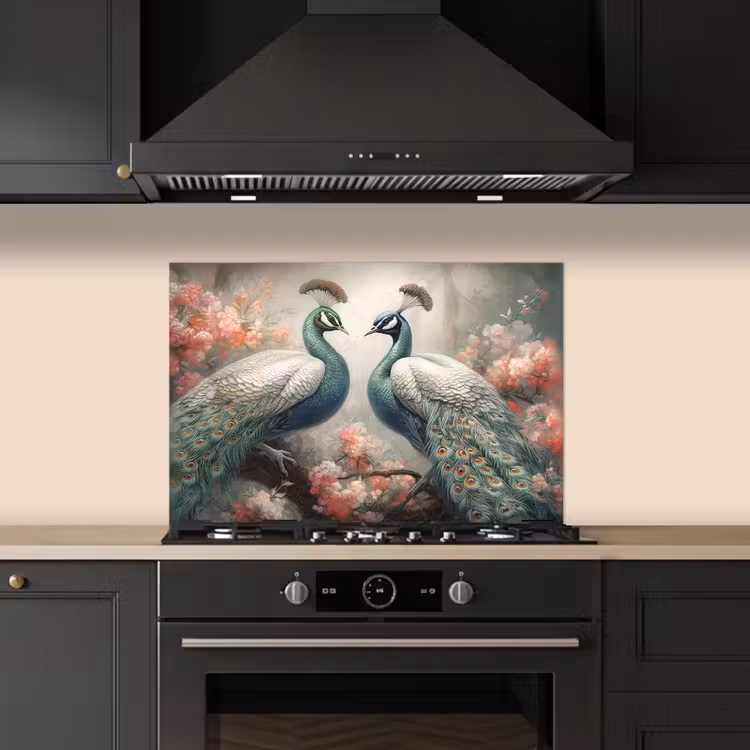 Pauwen - Pauwenveren - Vogels - Bloemen - Natuur keuken achterwand spatscherm klein -sfeer1