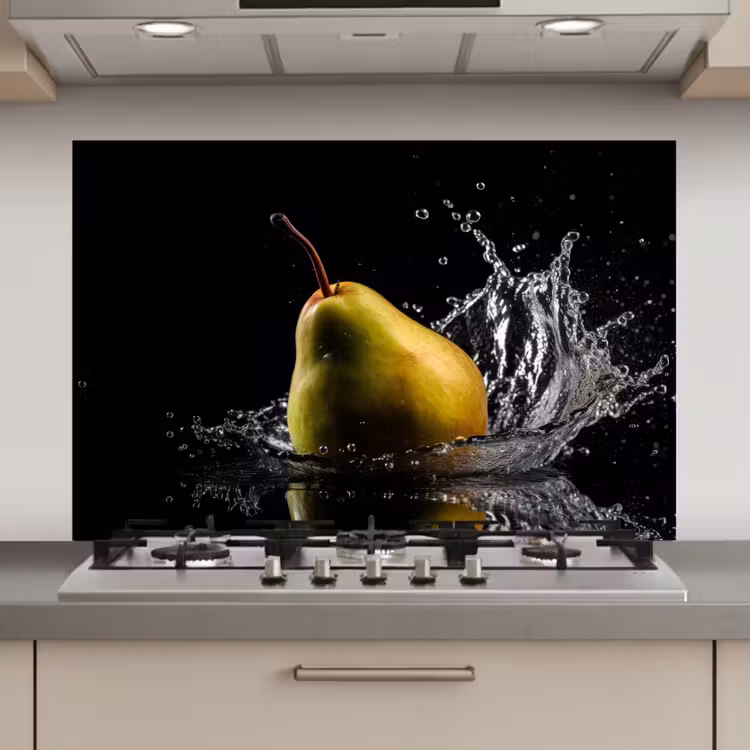 Peer - Fruit - Water - Zwart keuken achterwand spatscherm klein -3d_website
