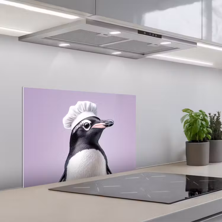 Pinguïn - Koksmuts - Lief - Paars keuken achterwand spatscherm klein -3d_schuin