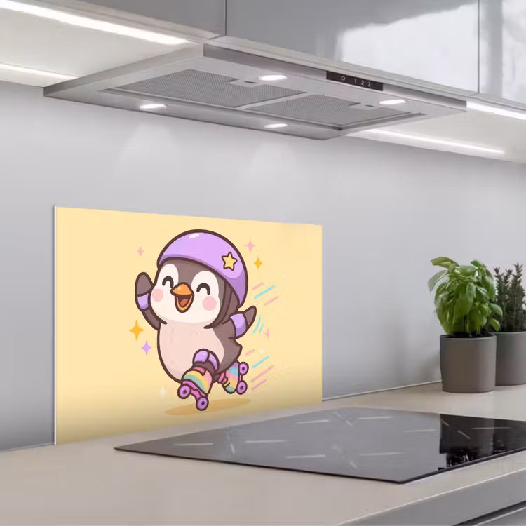 Pinguïn - Rolschaatsen - Geel - Energiek keuken achterwand spatscherm klein -3d_schuin