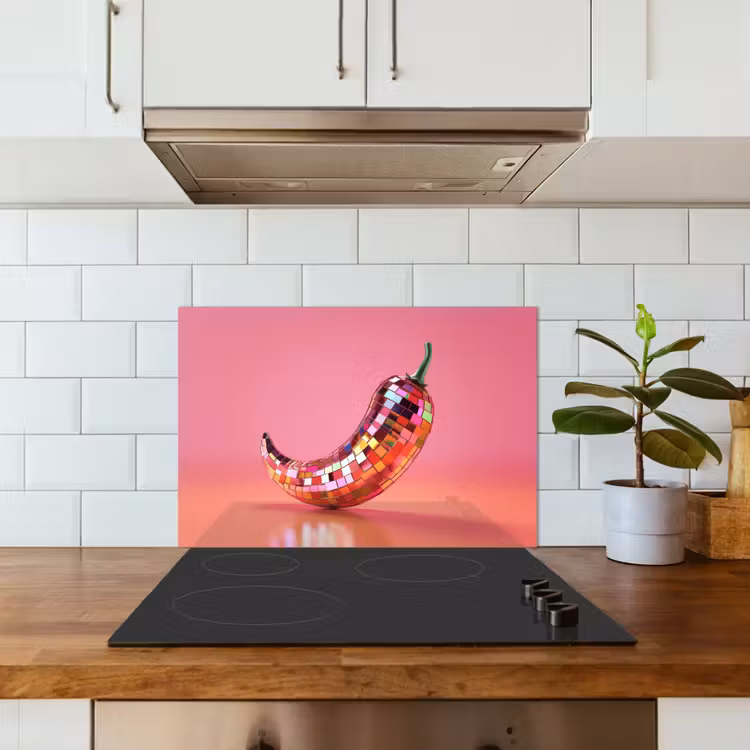 Peper - Disco - Rood - Glitter keuken achterwand spatscherm klein -sfeer2