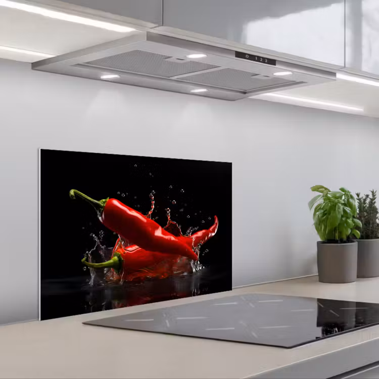 Peper - Rood - Zwart - Water - Groente keuken achterwand spatscherm klein -3d_schuin