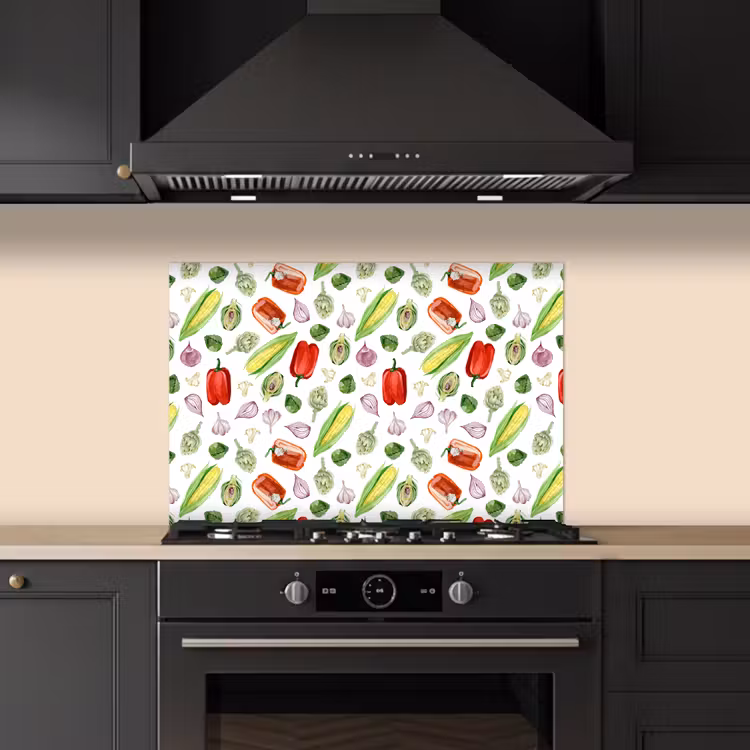 Paprika - Maïs - Patroon - Groente keuken achterwand spatscherm klein 900 -sfeer1
