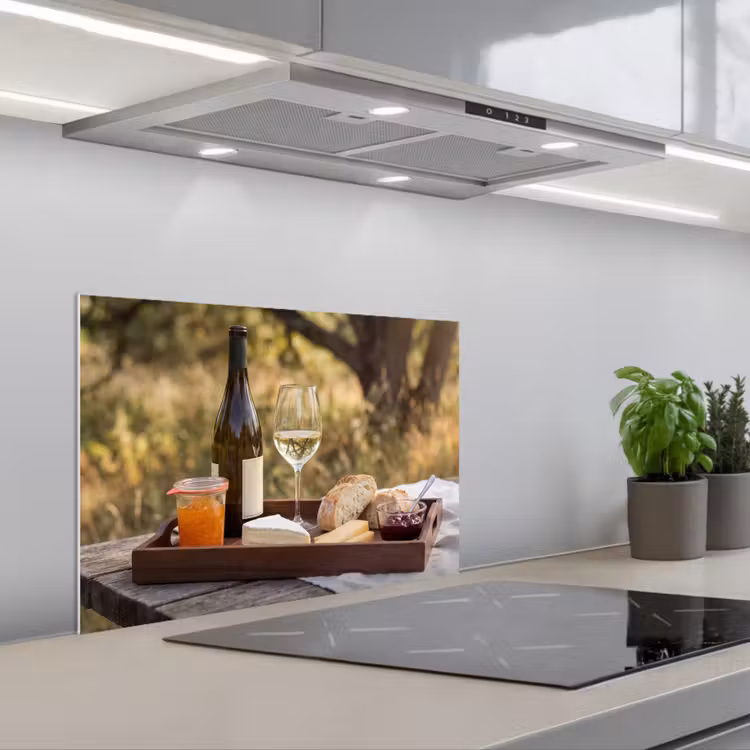 Picknick - Wijn - Kaasplankje keuken achterwand spatscherm klein -3d_schuin