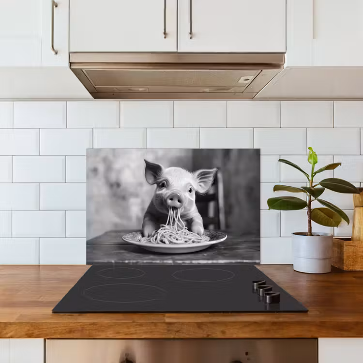 Varken - Schattig - Spaghetti - Zwart wit - Dier keuken achterwand spatscherm klein -sfeer2