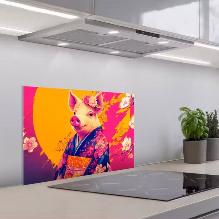 Varken - Bloemkroon - Kimono - Abstract keuken achterwand spatscherm klein -3d_schuin