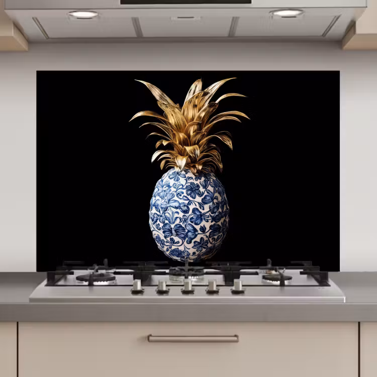 Ananas - Bloemen patroon - Goud - Delftsblauw keuken achterwand spatscherm klein -3d_website