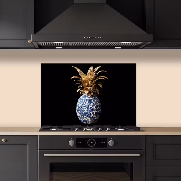 Ananas - Bloemen patroon - Goud - Delftsblauw keuken achterwand spatscherm klein -sfeer1
