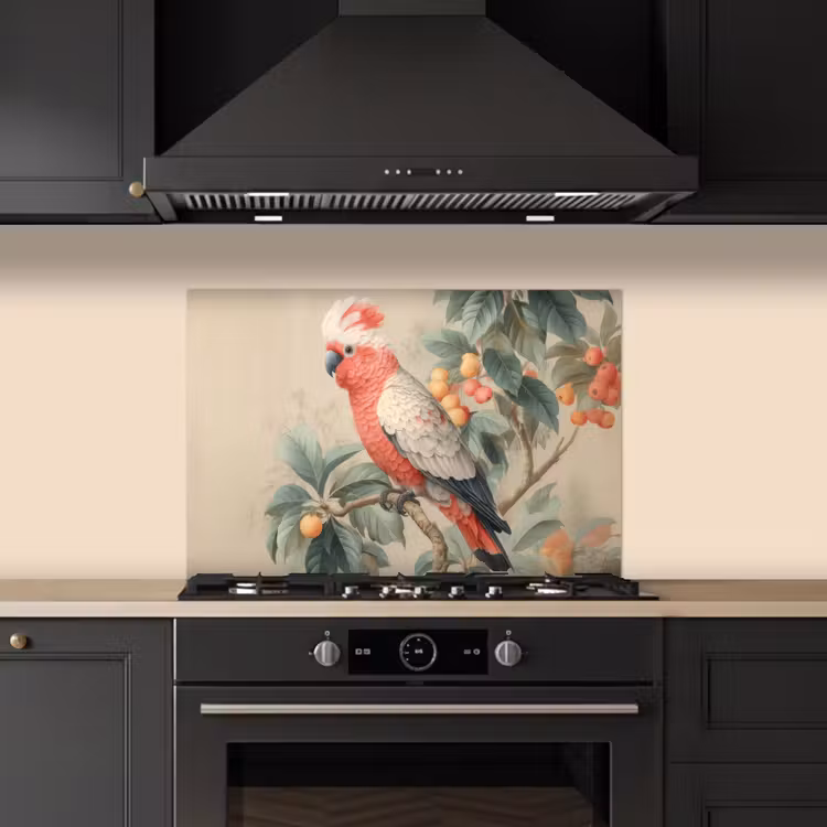 Roze kuifkaketoe - Tak met vruchten - Bladeren keuken achterwand spatscherm klein -sfeer1