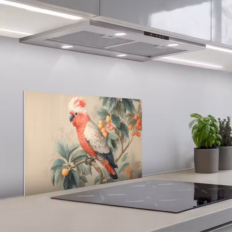 Roze kuifkaketoe - Tak met vruchten - Bladeren keuken achterwand spatscherm klein -3d_schuin