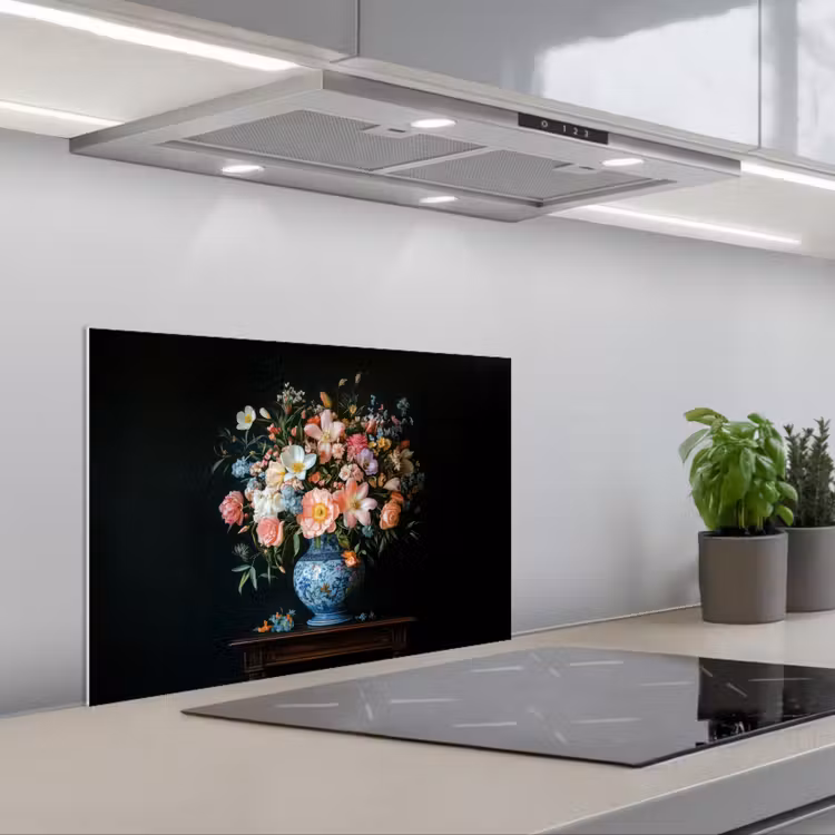 Roze - Bloemen - Vaas - Kleuren keuken achterwand spatscherm klein -3d_schuin