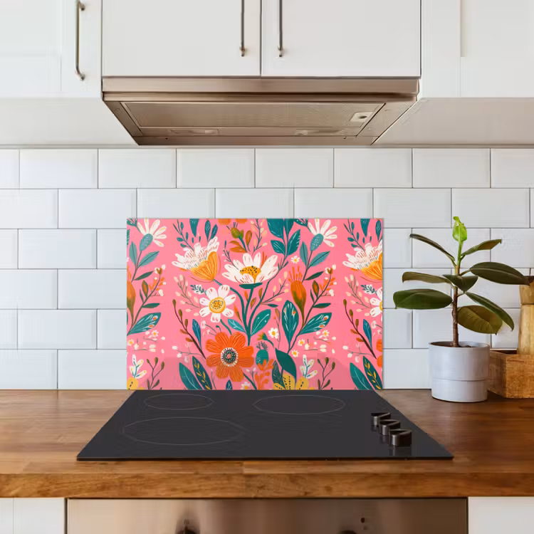 Roze - Bloemen - Wit - Oranje keuken achterwand spatscherm klein -sfeer2