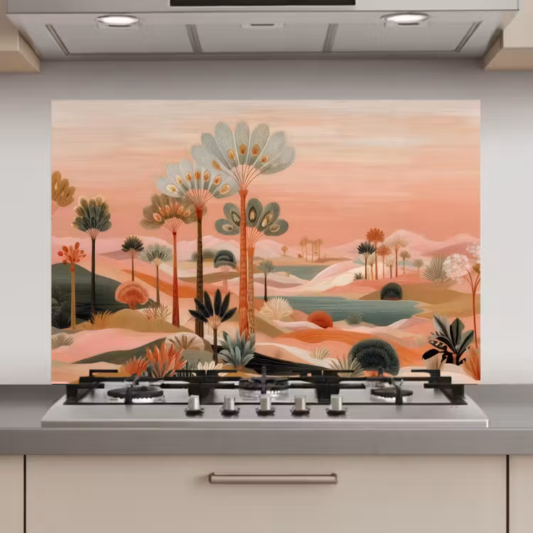 Roze landschap - Palmen - Water keuken achterwand spatscherm klein -3d_website