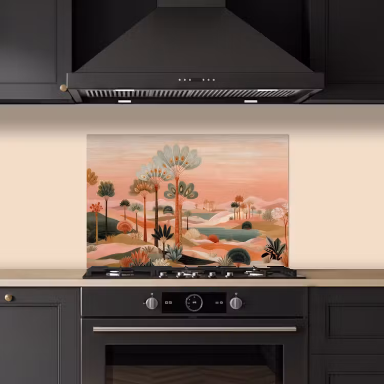 Roze landschap - Palmen - Water keuken achterwand spatscherm klein -sfeer1