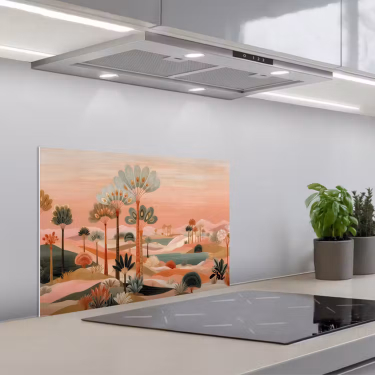 Roze landschap - Palmen - Water keuken achterwand spatscherm klein -3d_schuin